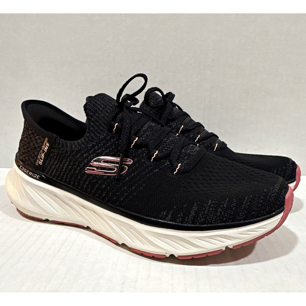 SKECHERS Slip-Ins Edgeride Stretch Fit Women's Lace Up Sneakers Black/Pink NWOB